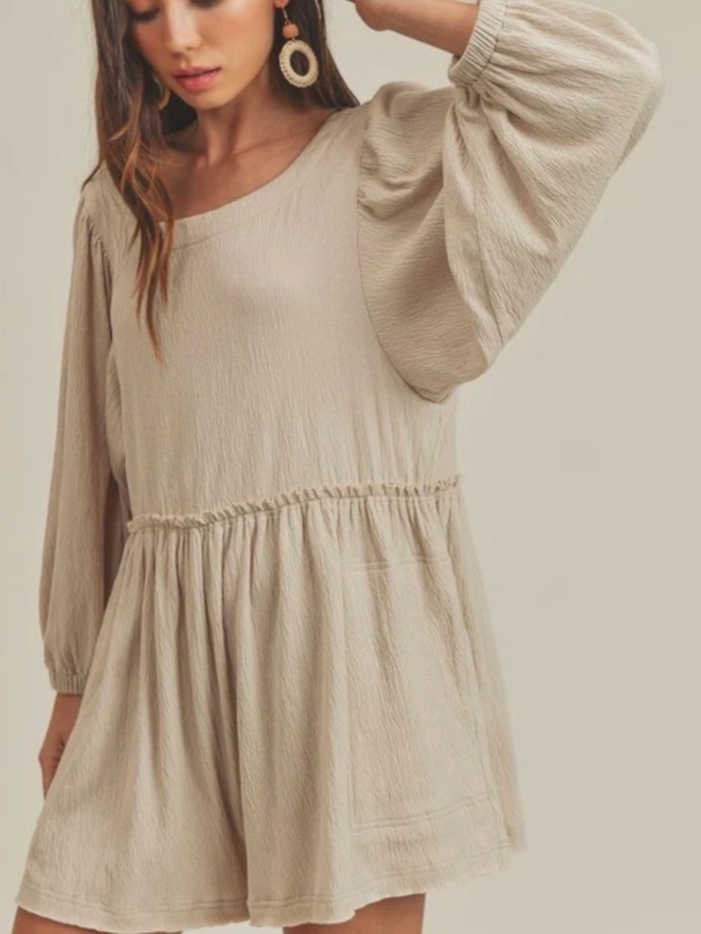 Beige Boho Romper Jumpsuit - Relaxed Long Sleeve